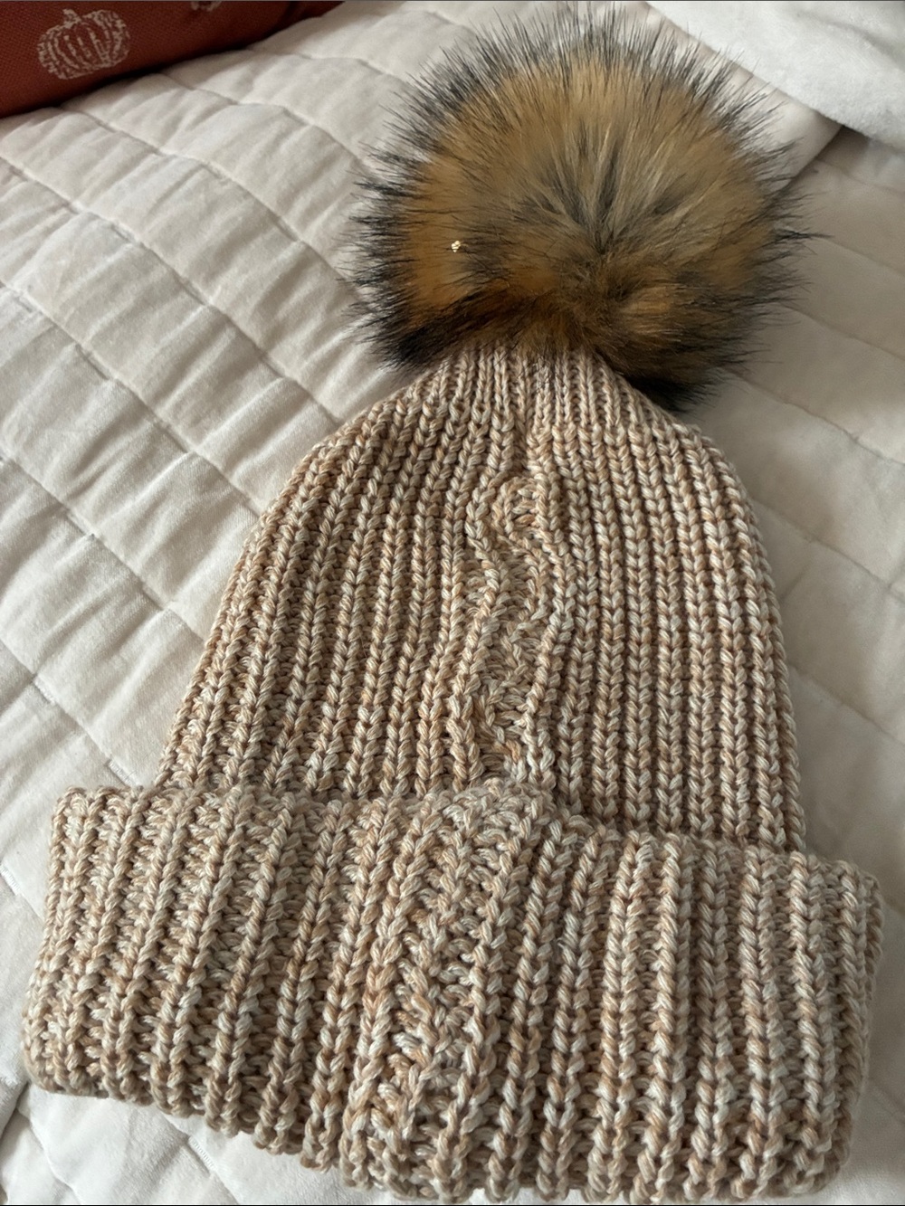 NASH Cream Knit Beanie Faux Fur Pom Nashville Winter Hat - Picture 4 of 4